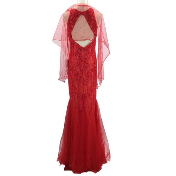 ASPEED SZ L red illusion sweetheart embroidered beaded lace gown dress NWT B163 - Picture 5 of 10
